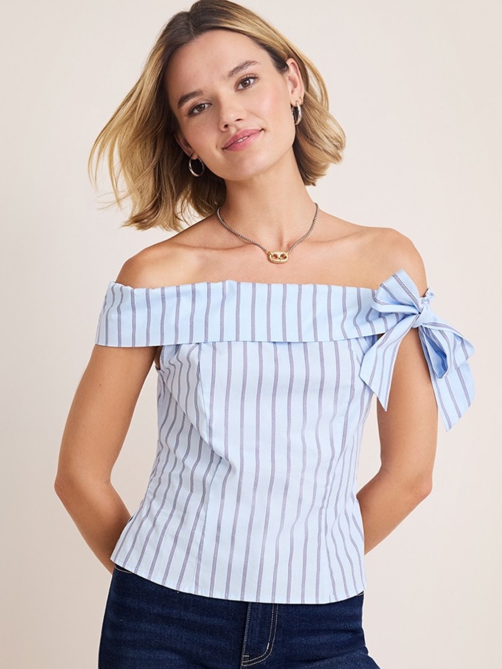 Francesca’s Dora Striped Bow Off Shoulder Top M